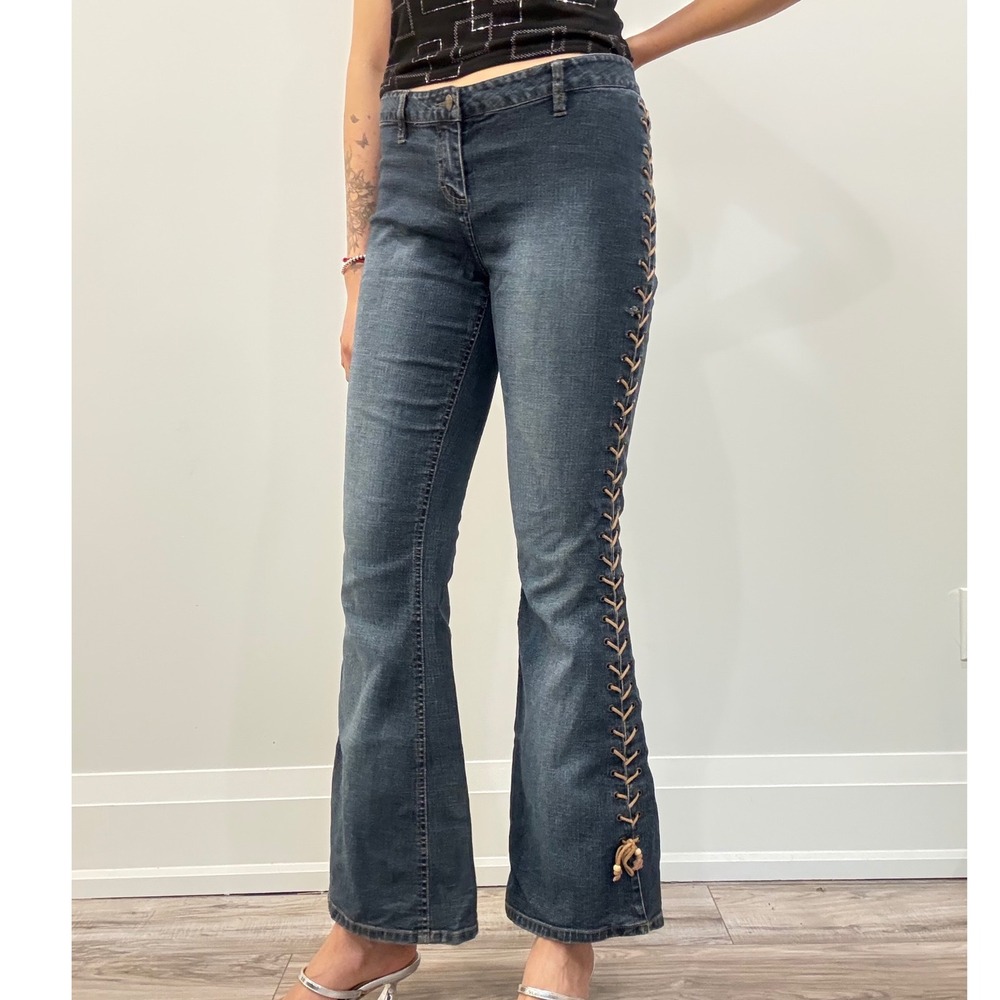 Mudd Yo! Vintage Y2K Lace Up Side Flare Jeans Medium Wash Denim